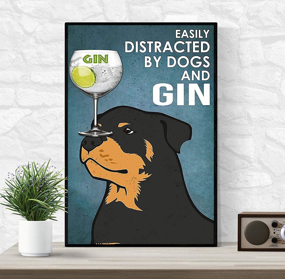 Rottweiler easily distracted by dogs and gin vintage canvas wrapped
