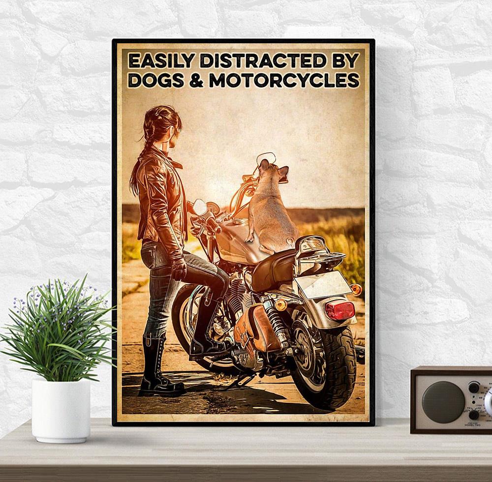 Biker easily distracted by dogs and motorcycles poster canvas wrapped