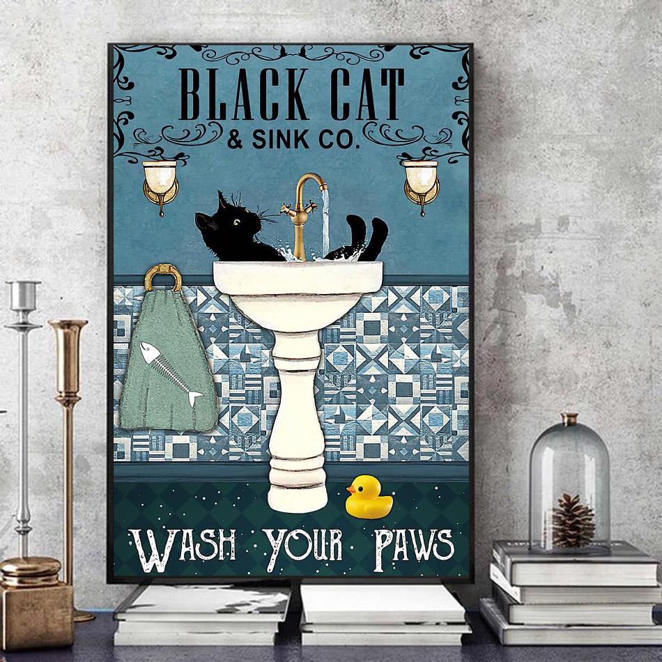 Black Cat and Sink CO Wash Your Paws Poster, Bathroom Decor, Wall Art Decor,  Black Cat Poster, Funny Bathroom Poster No Frame Canvas 